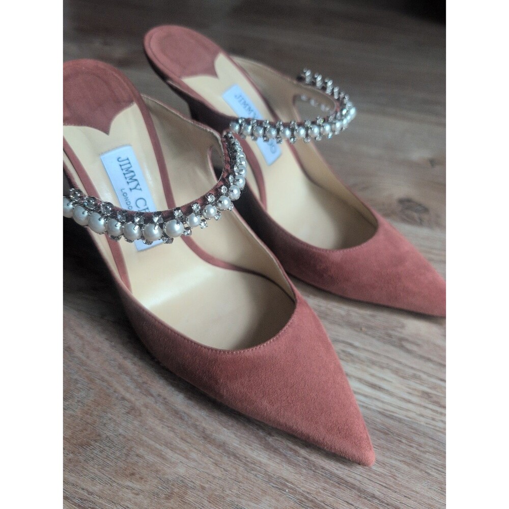 Jimmy Choo Bing Pearl Rose Suede Slip On Mule Heels Womens EU 39.5